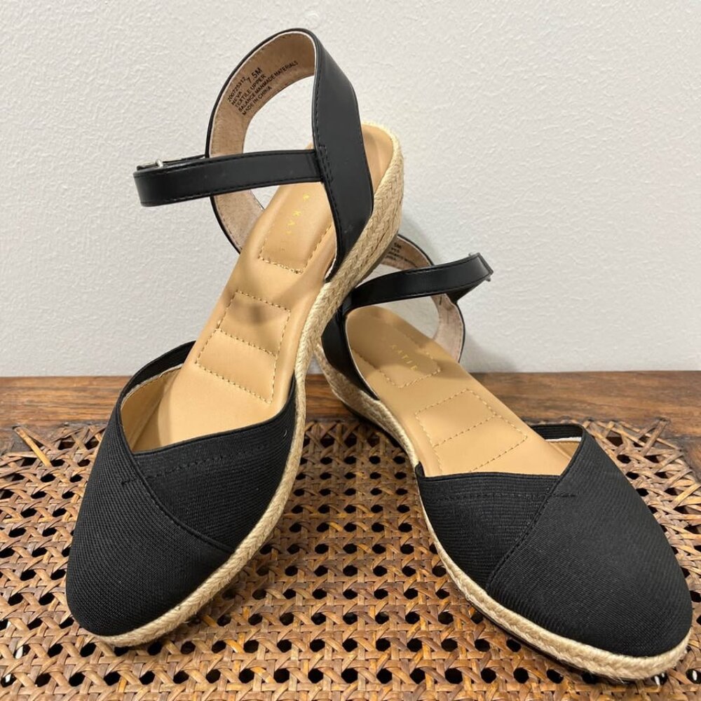 Size 7.5 Kelly & Katie Black Wedge Sandal - Comfortable Cushioned Espadrilles